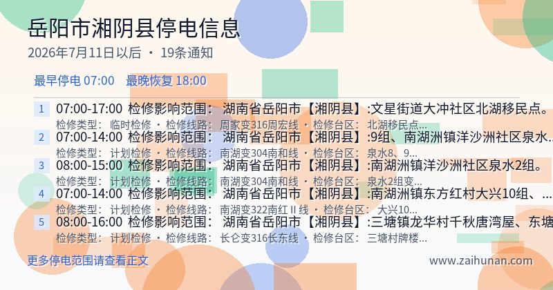 岳阳市湘阴县停电通知