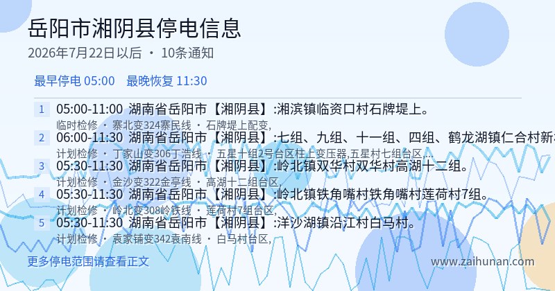 岳阳市湘阴县停电通知