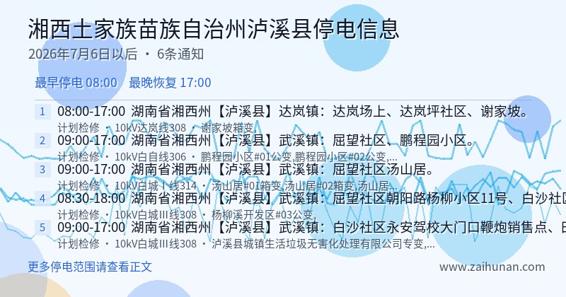 湘西土家族苗族自治州泸溪县停电通知