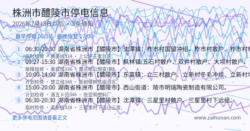 株洲市醴陵市停电通知