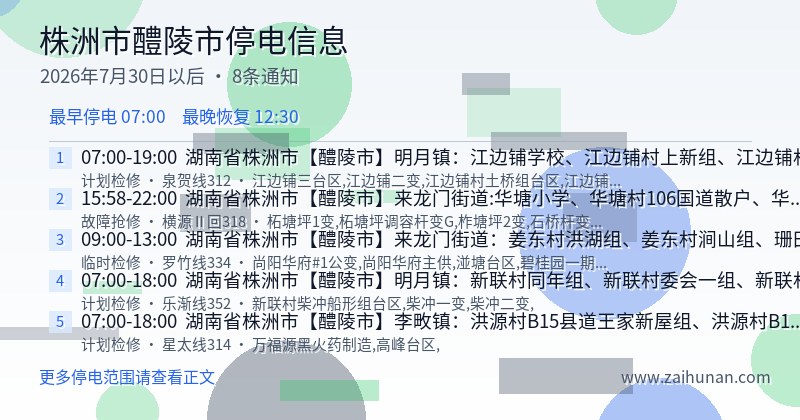 株洲市醴陵市停电通知