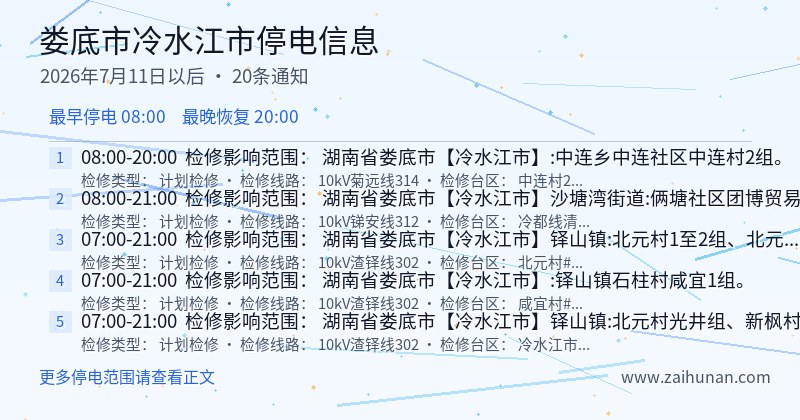 娄底市冷水江市停电通知