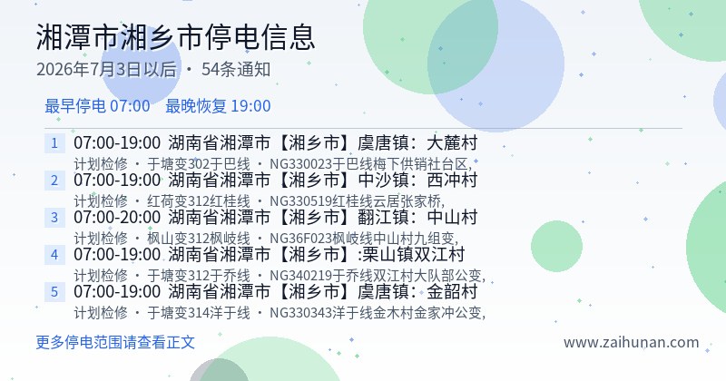 湘潭市湘乡市停电通知