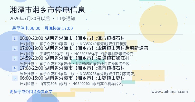 湘潭市湘乡市停电通知