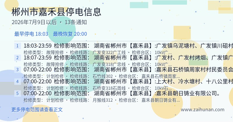 郴州市嘉禾县停电通知
