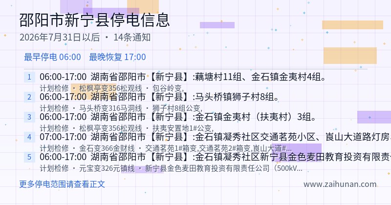 邵阳市新宁县停电通知