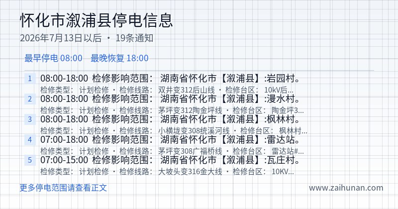 怀化市溆浦县停电通知