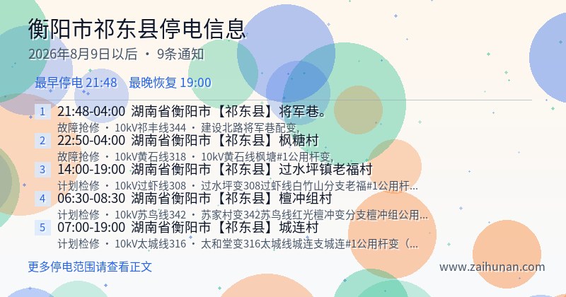 衡阳市祁东县停电通知