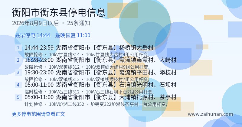 衡阳市衡东县停电通知