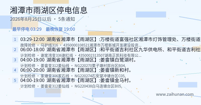 湘潭市雨湖区停电通知
