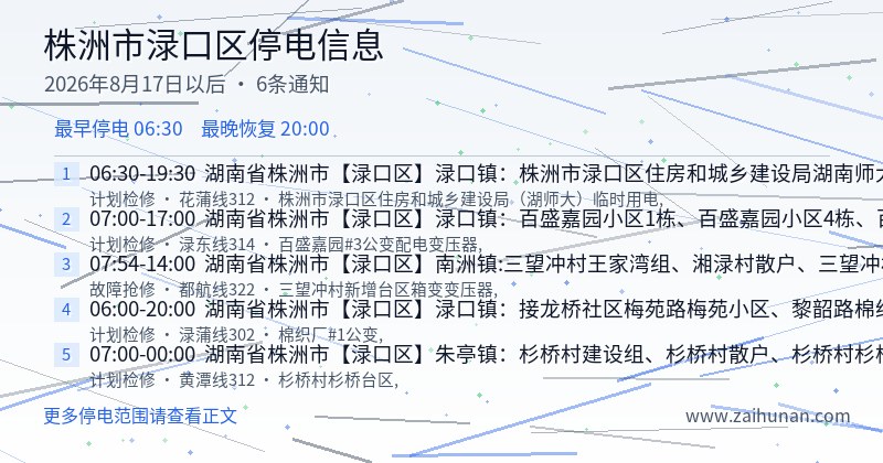 株洲市渌口区停电通知