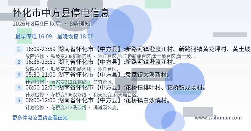 怀化市中方县停电通知