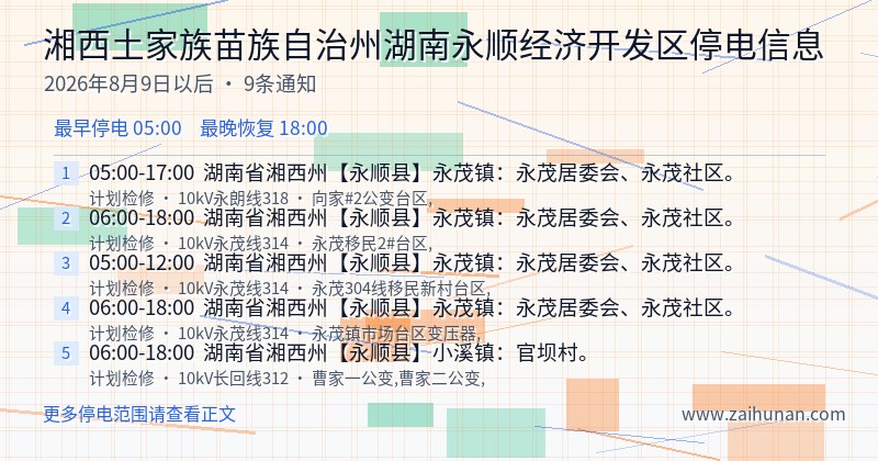 湘西土家族苗族自治州湖南永顺经济开发区停电通知