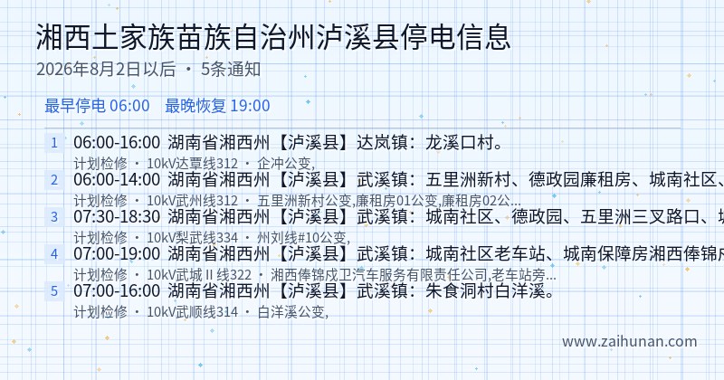 湘西土家族苗族自治州泸溪县停电通知