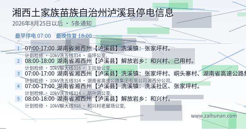 湘西土家族苗族自治州泸溪县停电通知