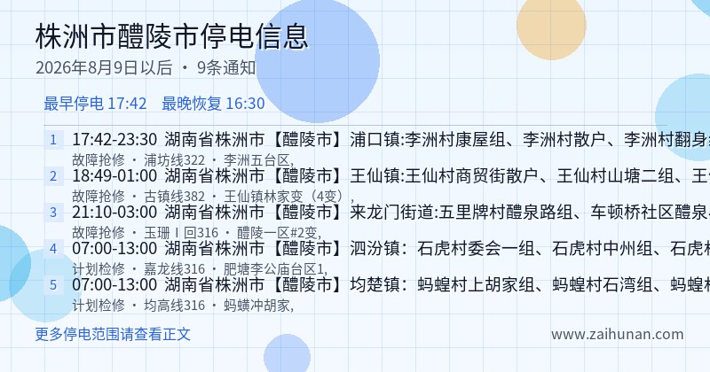 株洲市醴陵市停电通知