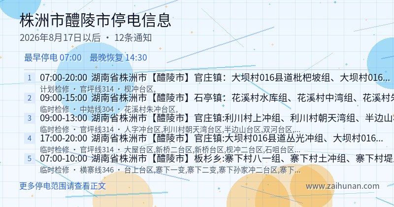 株洲市醴陵市停电通知