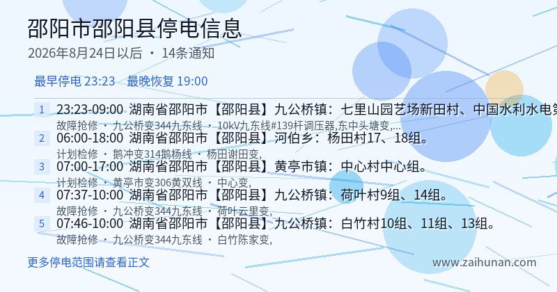 邵阳市邵阳县停电通知