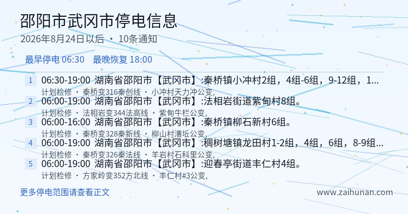 邵阳市武冈市停电通知