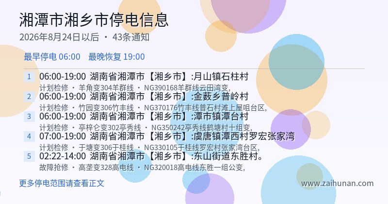 湘潭市湘乡市停电通知