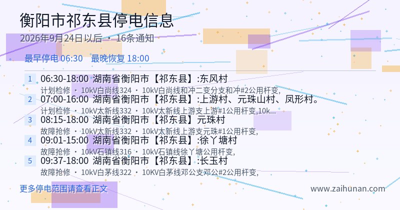 衡阳市祁东县停电通知