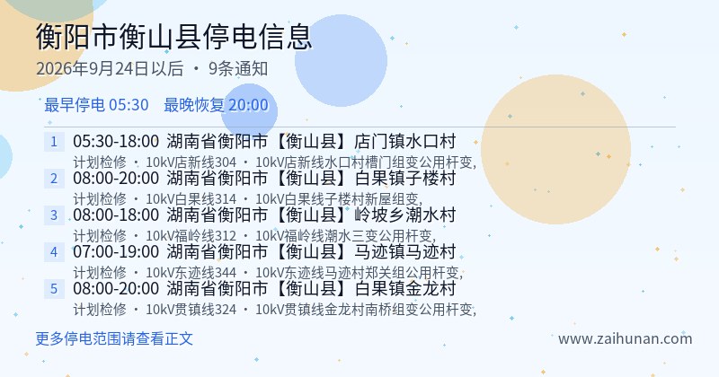 衡阳市衡山县停电通知