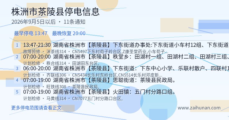 株洲市茶陵县停电通知