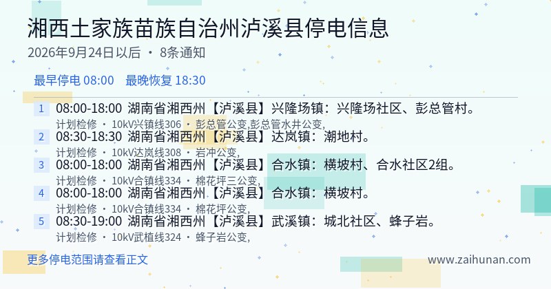 湘西土家族苗族自治州泸溪县停电通知