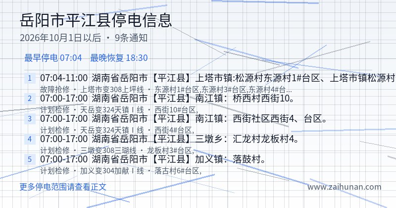 岳阳市平江县停电通知