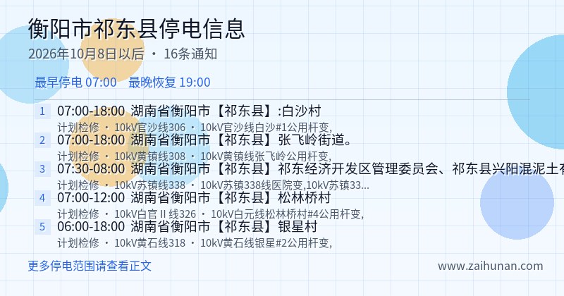 衡阳市祁东县停电通知