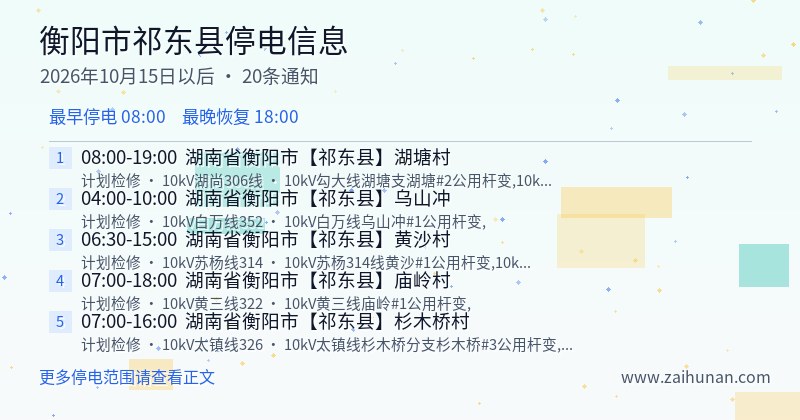 衡阳市祁东县停电通知