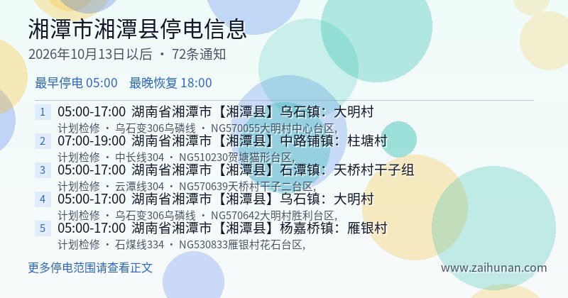 湘潭市湘潭县停电通知