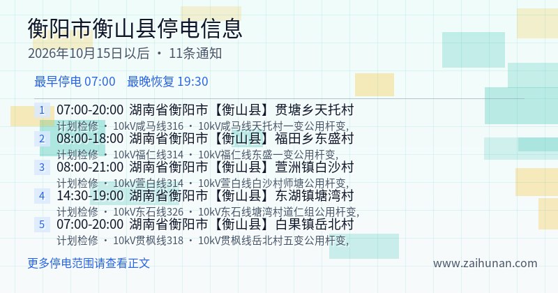 衡阳市衡山县停电通知