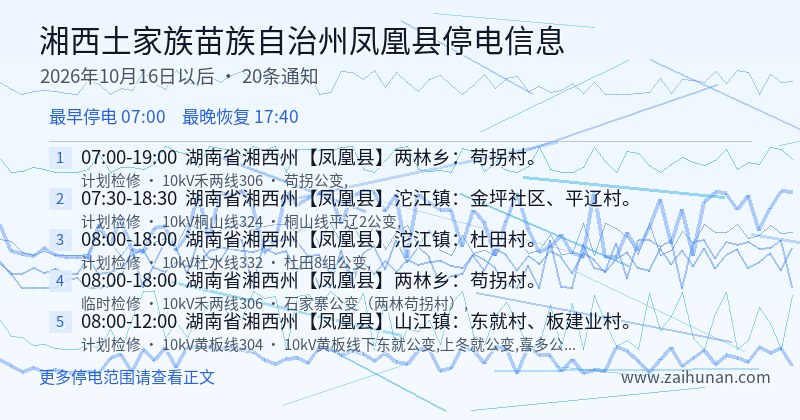 湘西土家族苗族自治州凤凰县停电通知