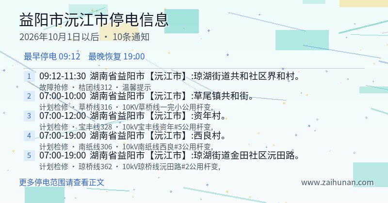 益阳市沅江市停电通知