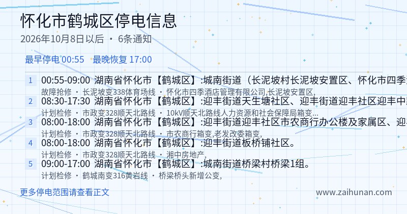怀化市鹤城区停电通知