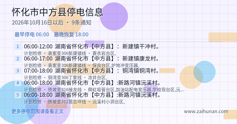 怀化市中方县停电通知