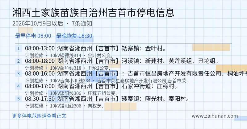 湘西土家族苗族自治州吉首市停电通知
