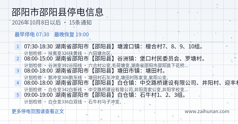 邵阳市邵阳县停电通知