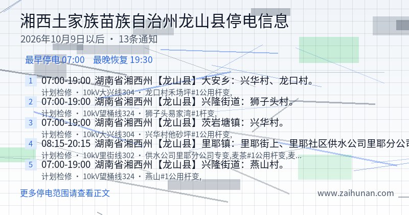 湘西土家族苗族自治州龙山县停电通知