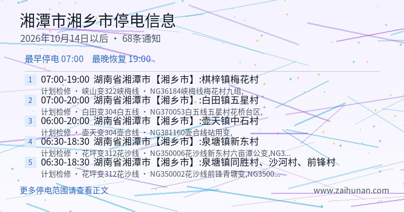 湘潭市湘乡市停电通知