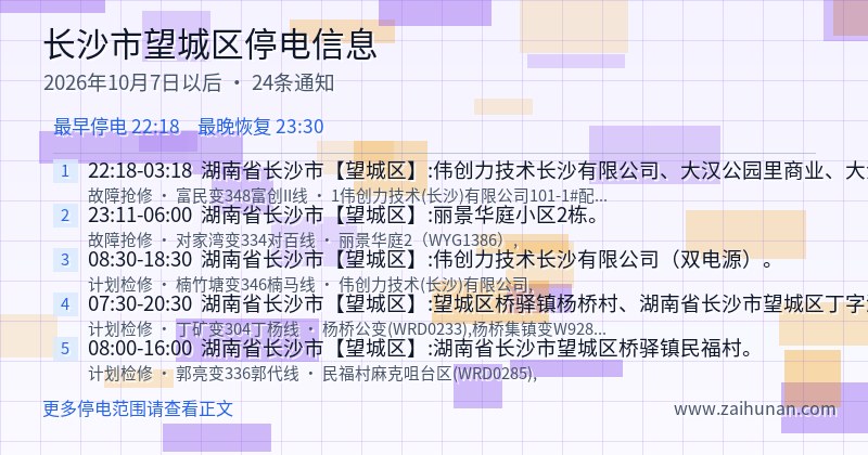 长沙市望城区停电通知
